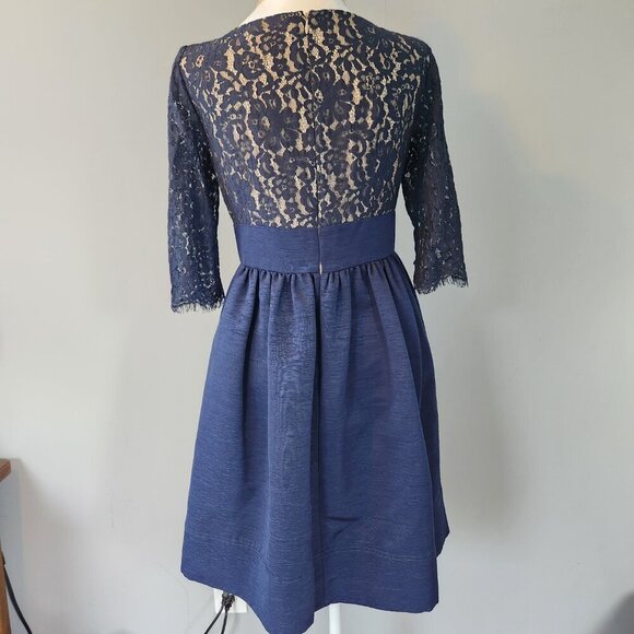 Eliza J Lace Fit and Flare Navy Blue Cocktail Dress. Pockets. Size 4P. - Picture 2 of 15